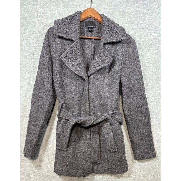 Cynthia Rowley Gray 100% Wool Belted Sweater Jacket Coat L‎ Floral Design - Picture 1 of 4